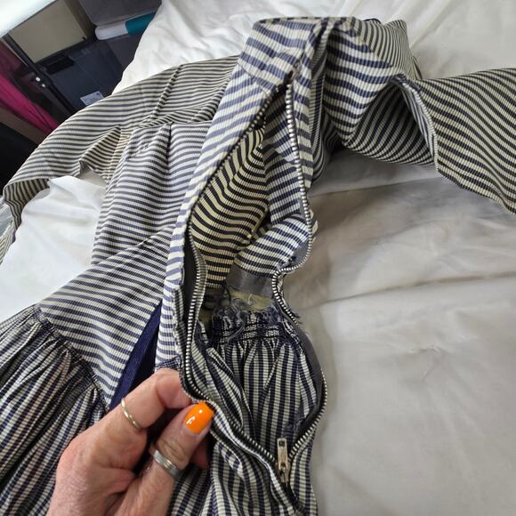 Vintage handmade striped dress 50s 60s XXS petite high neck blue cream ivory - Picture 5 of 15